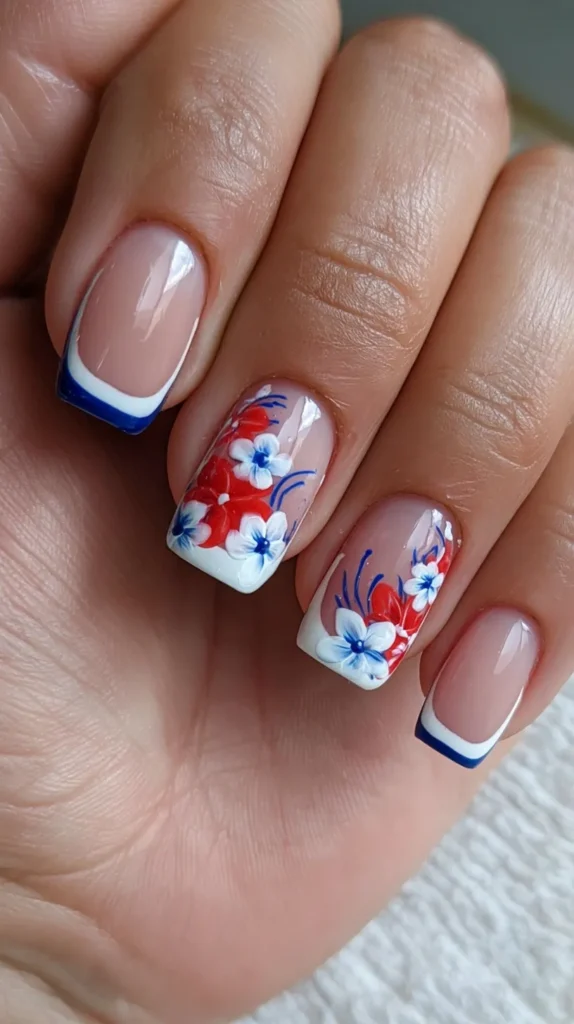 french tip, red, white, blue floral design