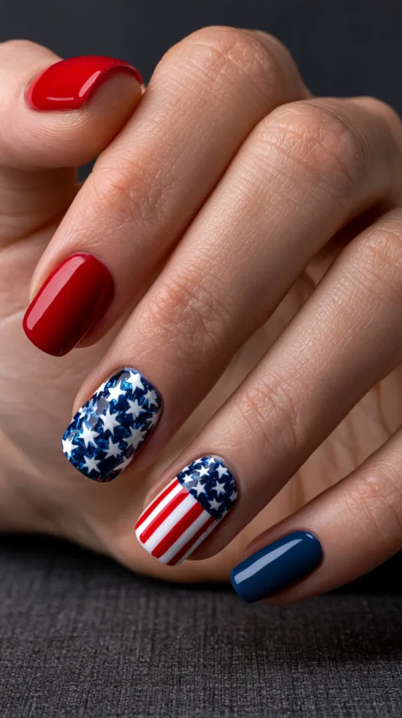 red, white, and blue stars and stripes designs, manicure