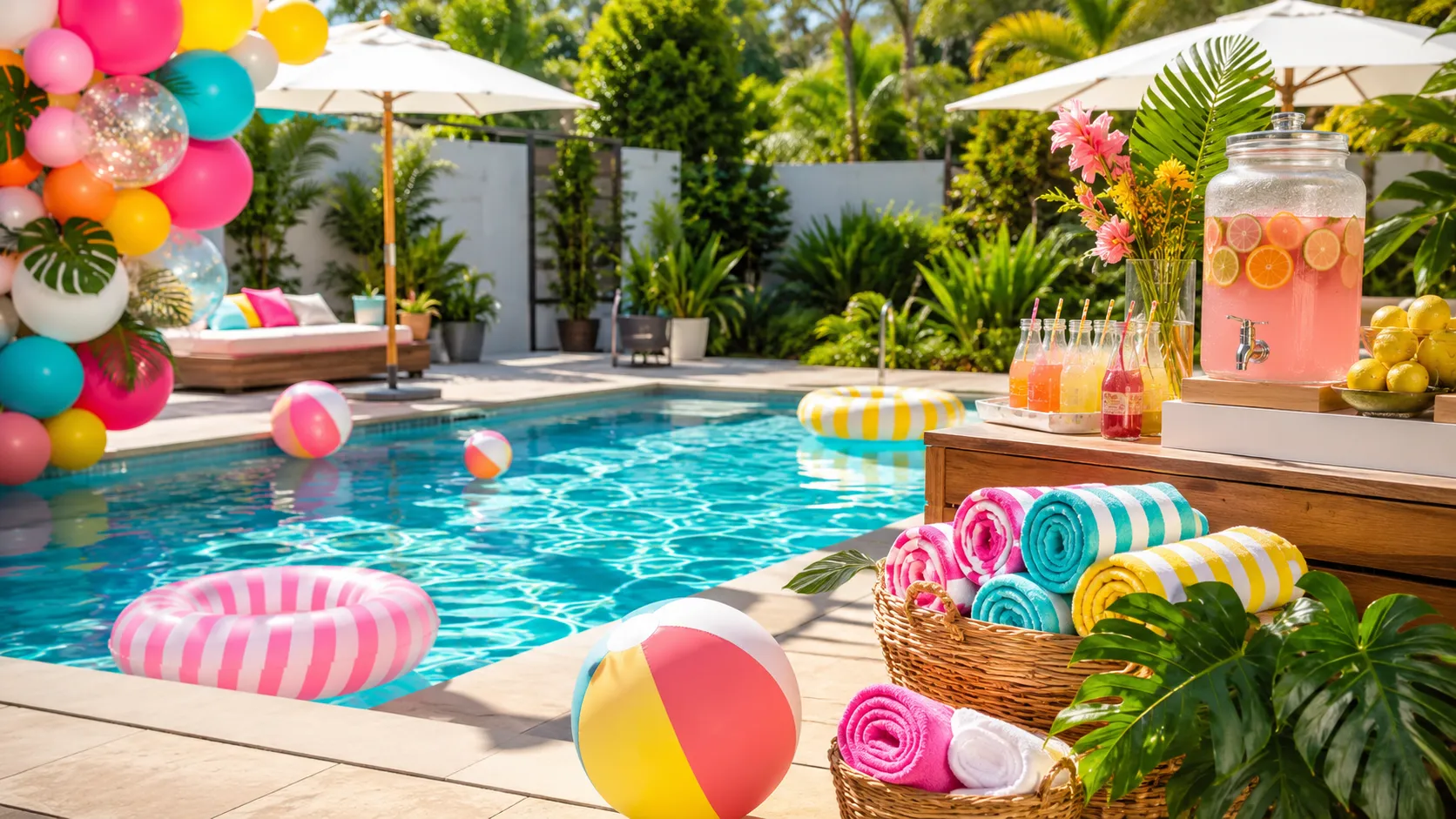 Bright sunny backyard pool party scene with stylish pool party decorations arranged around a sparkling turquoise swimming pool, colorful balloon garlands, beach balls, striped pool floats, rolled towels in woven baskets, a cheerful drink station, tropical greenery, white umbrellas, bright summer colors, clean modern patio, festive but not overcrowded, polished Pinterest-friendly composition, realistic party styling, crisp natural daylight, vibrant and happy summer atmosphere, no people, no text, no watermark