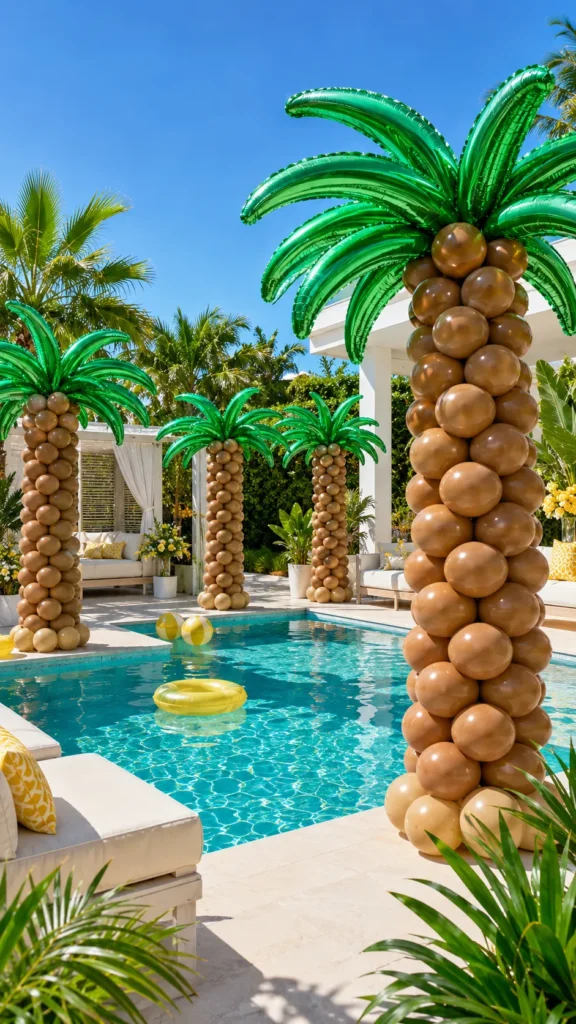 coconut palm trees made of balloons poolside