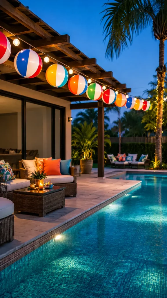 long string of beach balls hanging over a patio outside