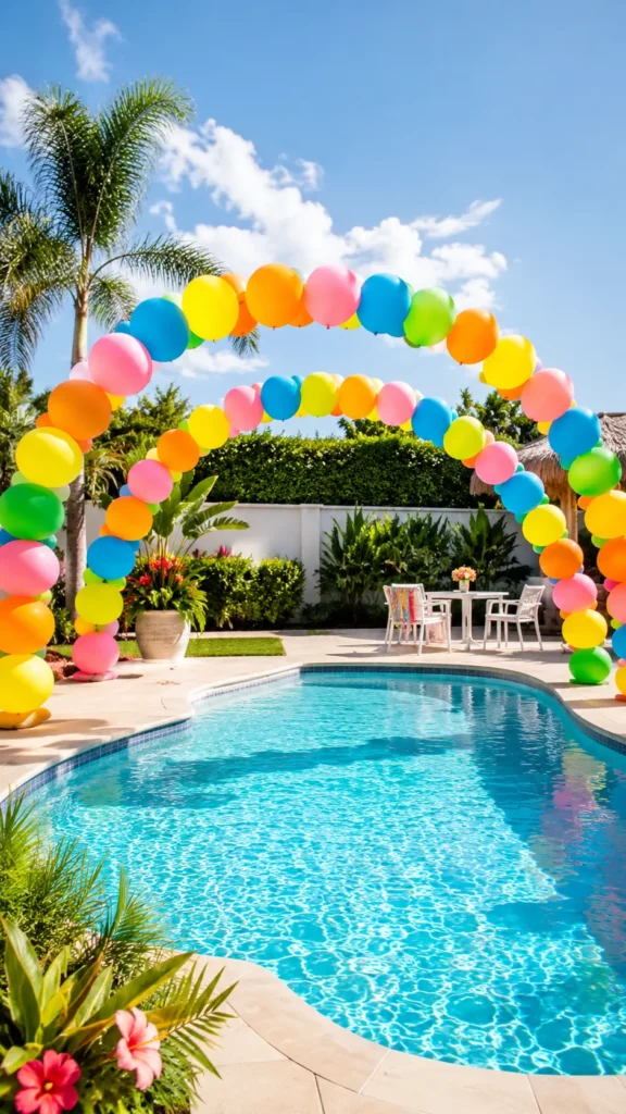 two balloon arches over a large outdoor swimming pool