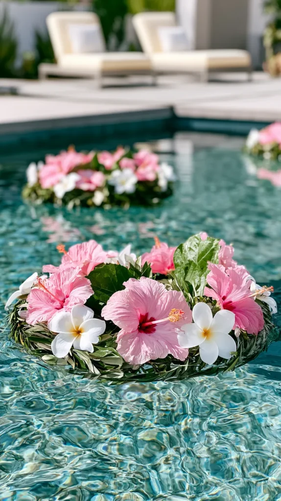 Elegant poolside party scene with floating tropical flower decorations inside the pool, pink hibiscus blooms, white plumeria flowers, floating greenery rings, sparkling turquoise water, modern backyard patio, soft cream lounge chairs in the background, bright summer daylight, polished Pinterest-style party decor, simple and pretty, no people, no text, no watermark