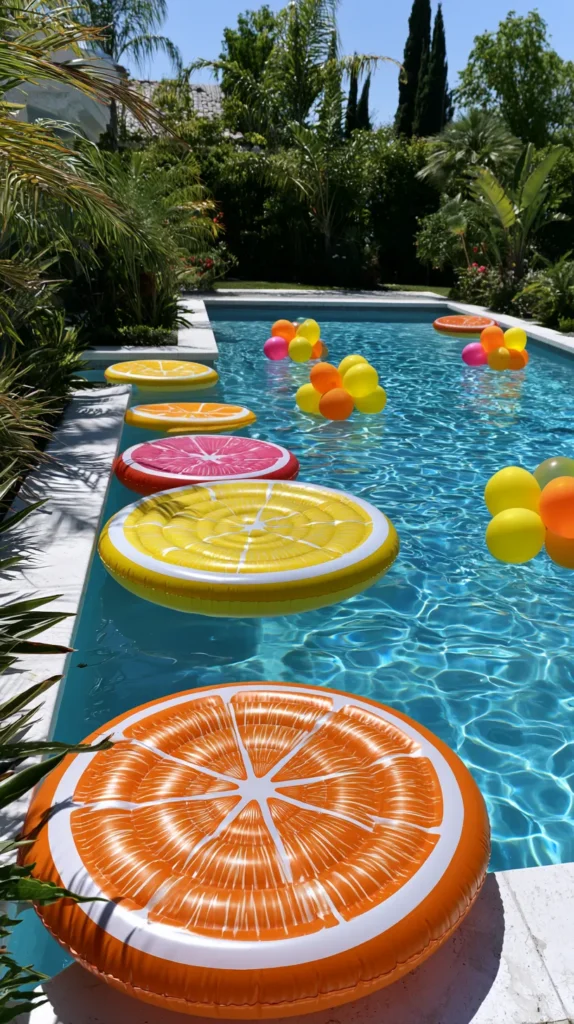 Bright sunny backyard swimming pool decorated with oversized floating citrus slice pool floats, small clusters of yellow, orange, and pink floating balloons, clear blue water with realistic ripples, white stone pool deck, tropical greenery around the edges, cheerful summer pool party atmosphere, clean and not crowded, photorealistic, crisp natural daylight, no people, no text, no watermark 