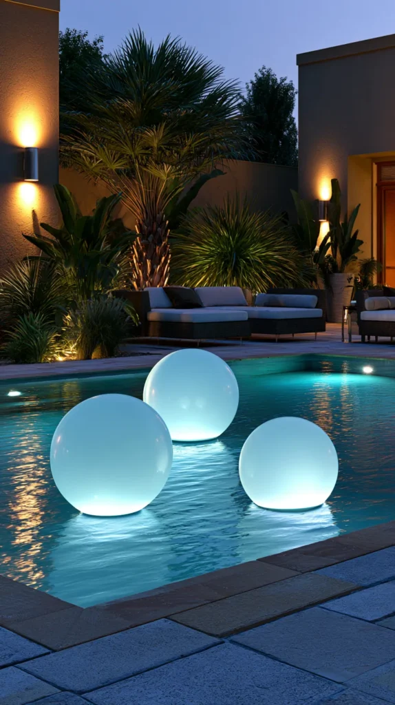 Evening pool party scene with glowing floating LED orbs inside a swimming pool, soft aqua blue water, warm patio lighting, tropical plants, modern lounge seating, elegant summer party atmosphere, magical glow without looking busy, clean upscale backyard setting, photorealistic twilight lighting, no people, no text, no watermark