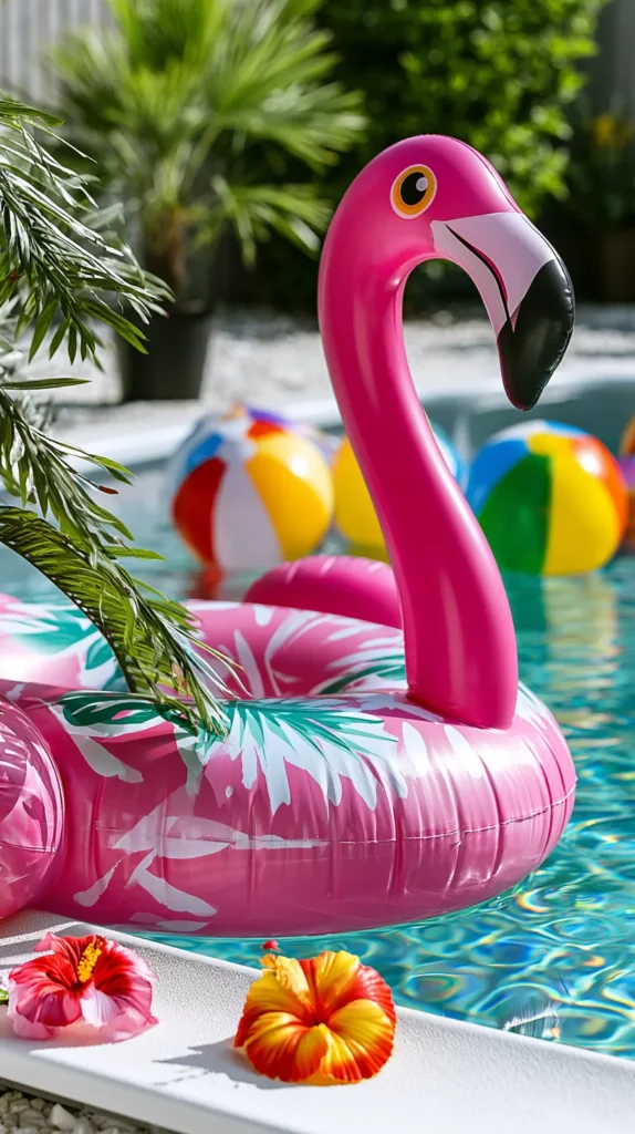 Cheerful pool party setup with one pink flamingo float, a few floating tropical flowers, colorful beach balls, sparkling turquoise water, white pool deck, palm plants, bright summer sun, playful but clean backyard party decor, Pinterest-friendly vertical composition, no people, no text, no watermark