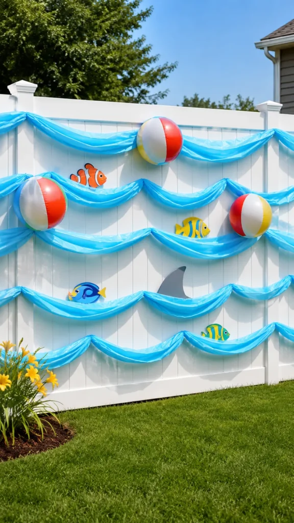 pool party theme, white PVC fence, shark fin, colorful fish, beach balls amongst the wavy pool-blue plastic table cloths