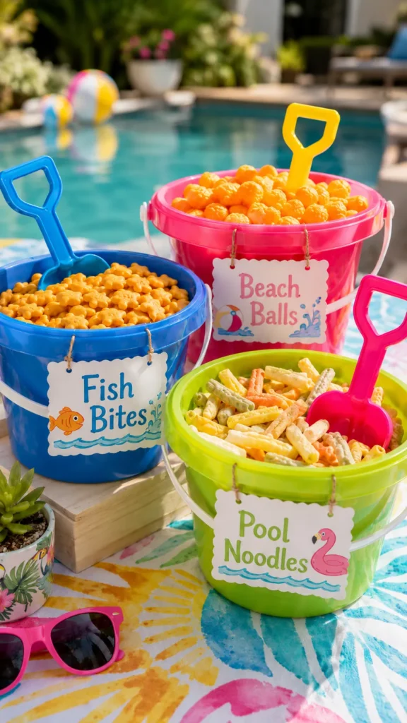 three beach pails filled with snacks