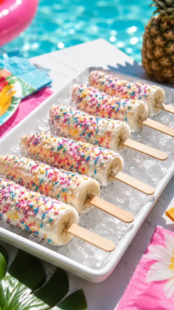 Frozen banana pops dipped in creamy vanilla yogurt and covered with rainbow sprinkles, each banana half on a wooden popsicle stick, arranged neatly on a chilled white serving tray over crushed ice, outdoor pool party table, bright summer sunlight, turquoise pool water softly blurred in the background, colorful party napkins, cheerful kid friendly dessert styling, realistic frozen yogurt coating, visible banana shape, sprinkles in pink blue yellow and white