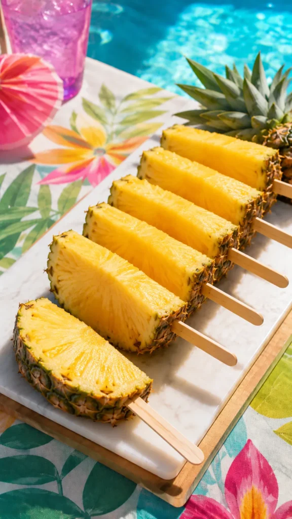 pineapple spears on popsicle sticks