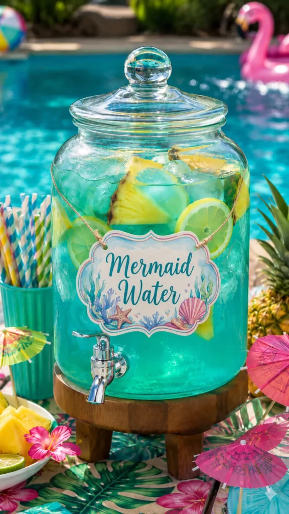 A clear glass drink dispenser filled with bright turquoise mermaid water, set on an outdoor pool party table, tropical summer styling, lemon slices, lime slices, pineapple wedges, ice cubes visible through the glass, colorful paper umbrellas and striped straws nearby, cheerful poolside setup, sparkling turquoise swimming pool in the softly blurred background, bright natural sunlight, vibrant tropical table decor, crisp editorial food photography, playful and inviting