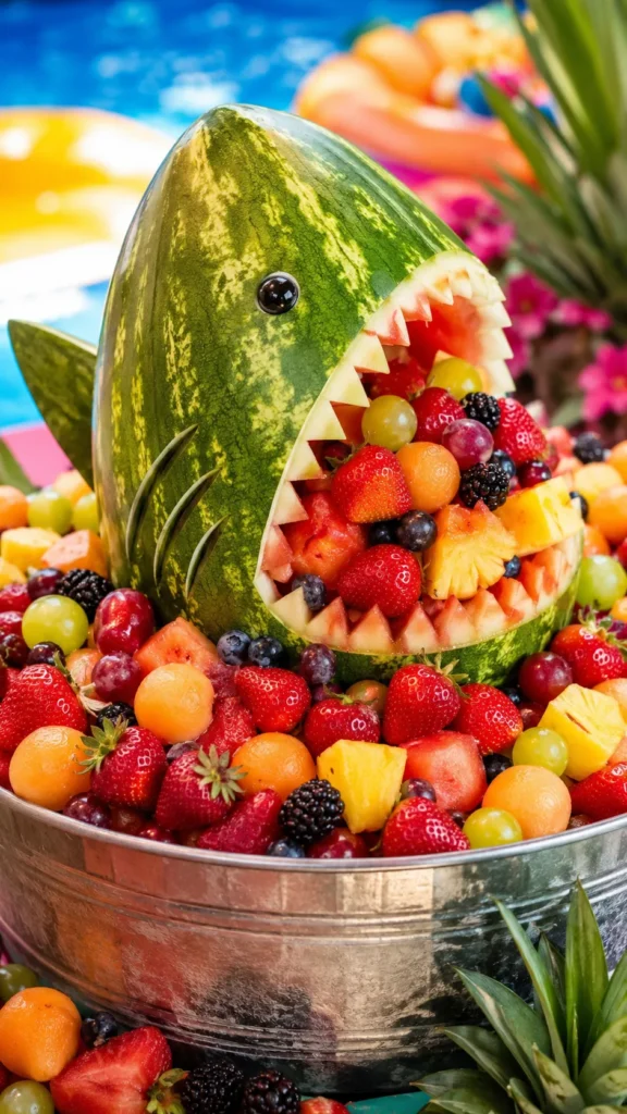shark-shaped watermelon carving, full of small pieces of fruit assorted