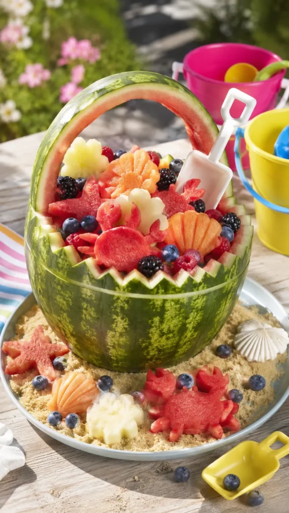 watermelon cut into the shape of a beach pail, filled with shaped fruits