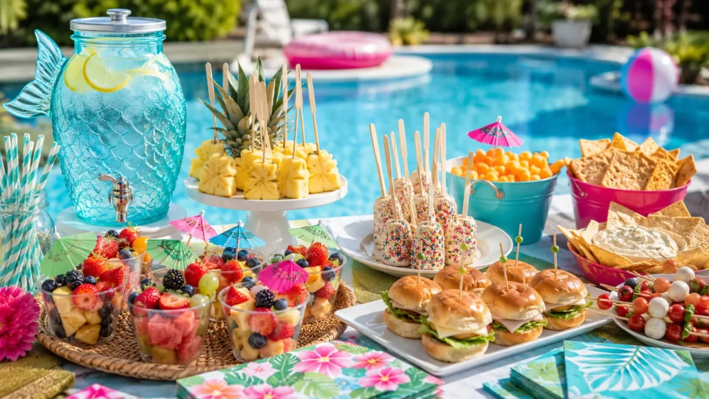 A bright, cheerful pool party food ideas hero image, wide 16:9 editorial food photography, outdoor poolside party table filled with easy summer snacks and unique pool party foods, colorful fruit cups, pineapple pops on sticks, frozen banana pops with yogurt and sprinkles, snack buckets with crackers and cheese puffs, skewers, mini sandwiches, chips and dips, and a turquoise mermaid water drink dispenser in the background, sparkling swimming pool softly blurred behind the table, tropical napkins, paper umbrellas, striped straws, bright natural sunlight, crisp realistic textures