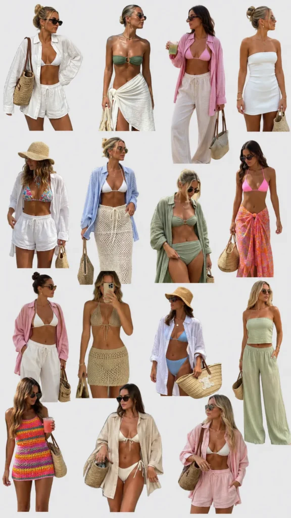 collage pool party outfits