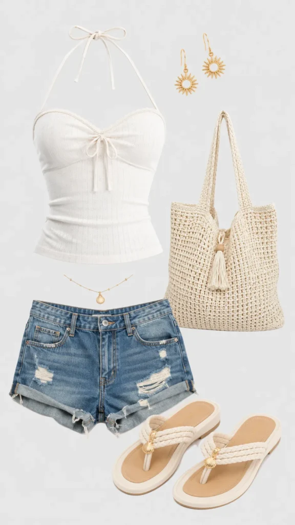 flat lay white top, jean shorts, crochet bag