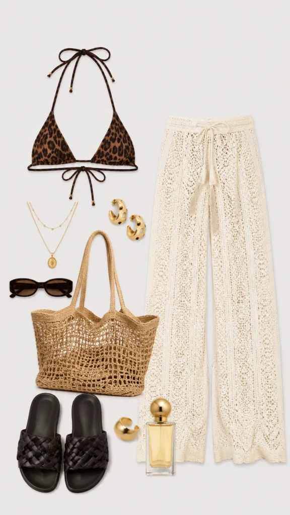 flat lay, bag, bathing suit, pants