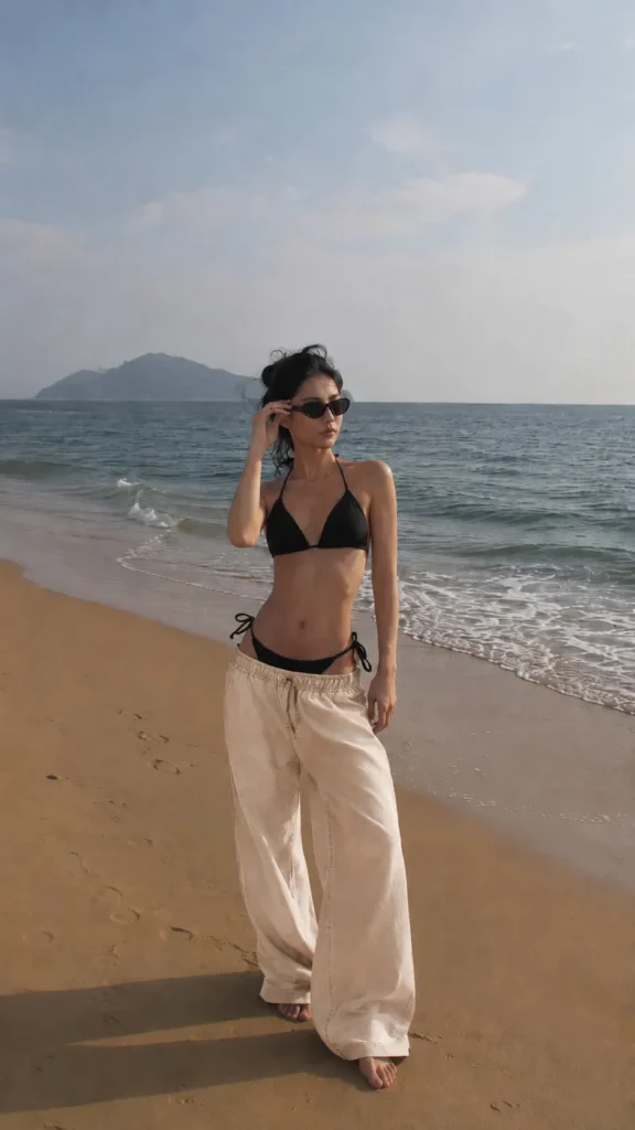 woman with black bikini and light pants, on the beach