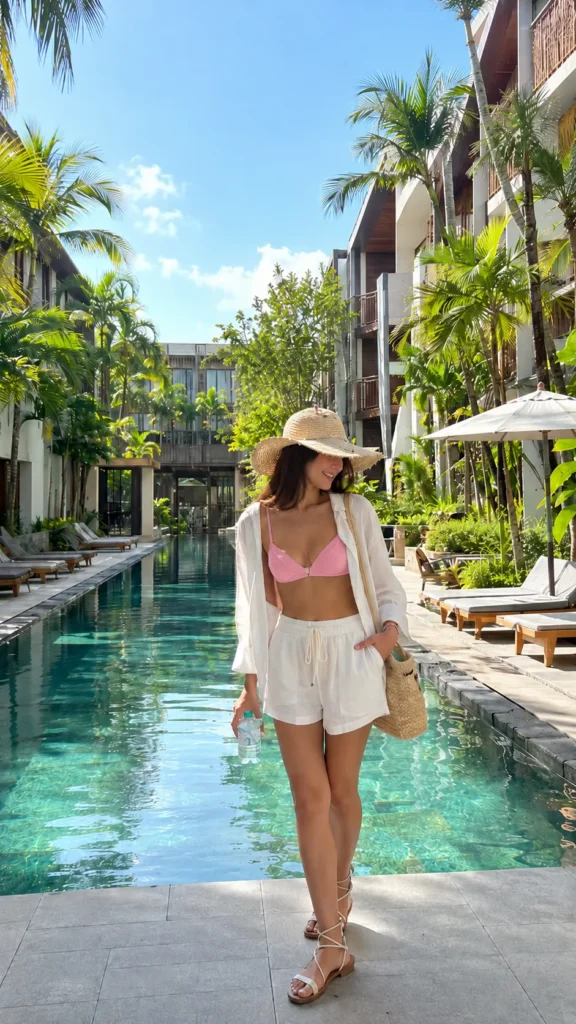 light pink bathing suit top, white lounge outfits