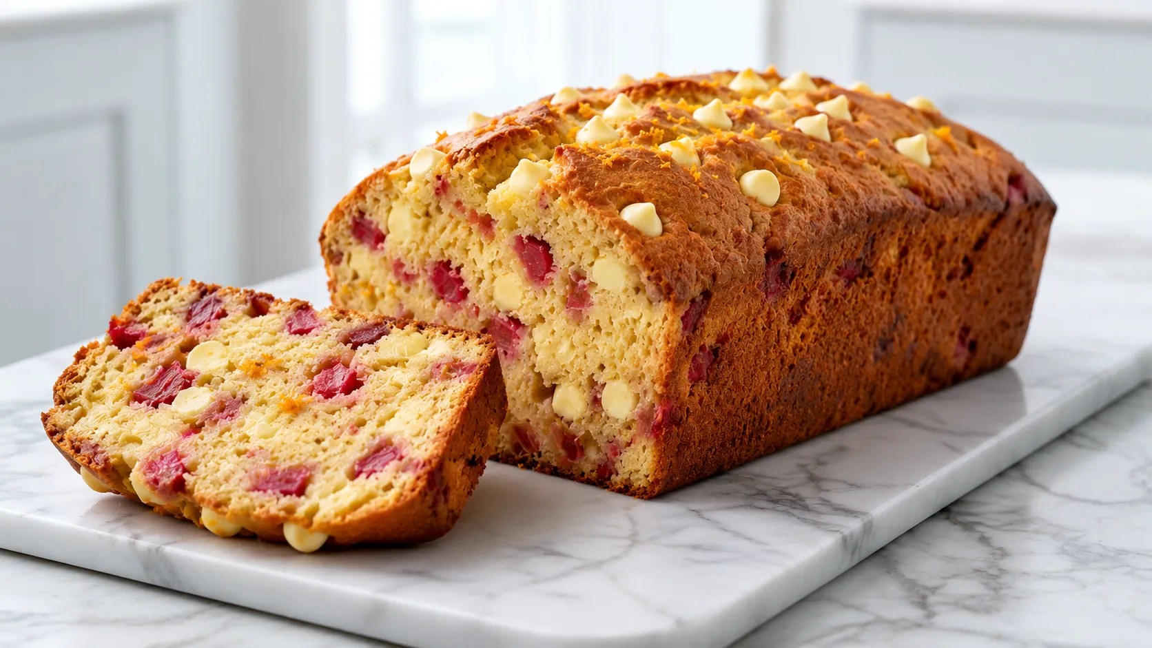 Hyper-realistic chocolate rhubarb orange bread loaf, partially sliced on a white marble board, bright white kitchen background, soft natural window light, golden domed quick bread with a moist tender crumb, vivid pink rhubarb pieces baked throughout, clearly visible creamy white chocolate chips baked inside the slices and on top of the loaf, fine orange zest scattered across the crust, realistic bakery texture, clean editorial food photography, crisp focus, no glaze, no dark chocolate, no text, no watermark