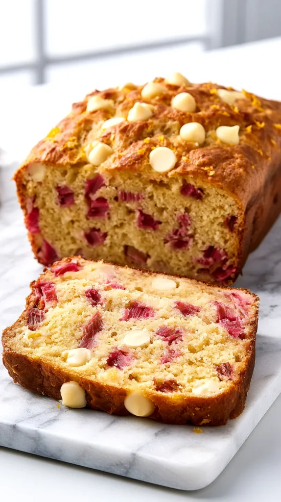 Hyper-realistic chocolate rhubarb orange bread loaf, partially sliced on a white marble board, bright white kitchen background, soft natural window light, golden domed quick bread with a moist tender crumb, vivid pink rhubarb pieces baked throughout, clearly visible creamy white chocolate chips baked inside the slices and on top of the loaf, fine orange zest scattered across the crust, realistic bakery texture, clean editorial food photography, crisp focus, no glaze, no dark chocolate, no text, no watermark