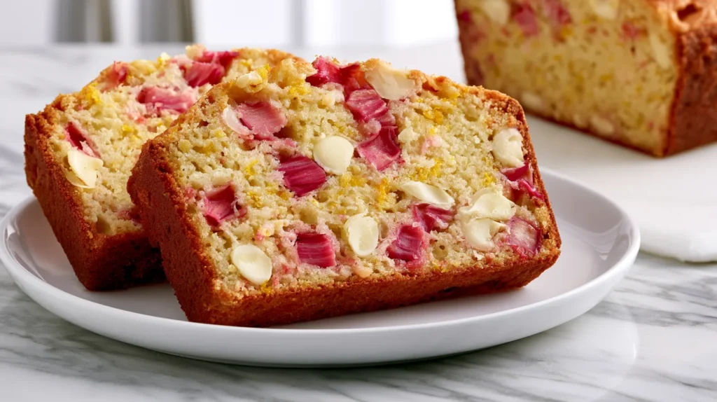 Hyper-realistic two slices of chocolate rhubarb orange bread on a white plate, pale golden quick bread crumb, no cocoa powder, white chocolate chips as the chocolate element, vivid pink rhubarb pieces, fine orange zest flecks, white marble kitchen counter, bright white kitchen background, soft natural window light, clean crisp editorial food photography, realistic tender crumb texture, no dark chocolate, no brown chocolate batter, no text, no watermark