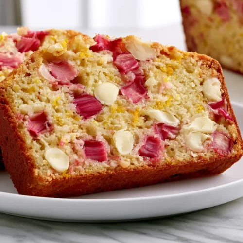 Hyper-realistic two slices of chocolate rhubarb orange bread on a white plate, pale golden quick bread crumb, no cocoa powder, white chocolate chips as the chocolate element, vivid pink rhubarb pieces, fine orange zest flecks, white marble kitchen counter, bright white kitchen background, soft natural window light, clean crisp editorial food photography, realistic tender crumb texture, no dark chocolate, no brown chocolate batter, no text, no watermark