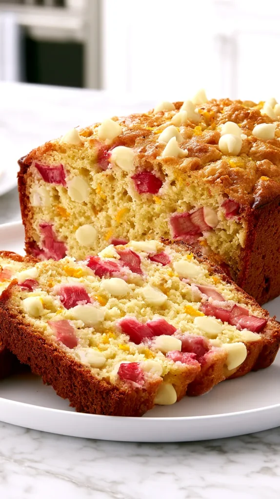 Hyper-realistic two slices of chocolate rhubarb orange bread on a white plate, pale golden quick bread crumb, no cocoa powder, white chocolate chips as the chocolate element, vivid pink rhubarb pieces, fine orange zest flecks, white marble kitchen counter, bright white kitchen background, soft natural window light, clean crisp editorial food photography, realistic tender crumb texture, no dark chocolate, no brown chocolate batter, no text, no watermark