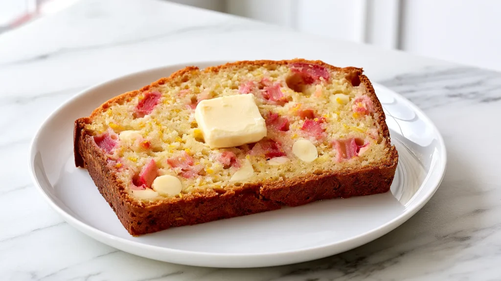slight overhead angle, Hyper-realistic single thin slice, laying flat on the plate, of chocolate rhubarb orange bread on a white plate, small pat of slightly melting butter on top, pale golden quick bread crumb, golden-brown crust, white marble kitchen counter, bright white kitchen background, soft natural window light, moist tender crumb with visible vivid pink rhubarb pieces and clearly visible white chocolate chips, fine orange zest flecks throughout, clean crisp editorial food photography, realistic textures, no cocoa powder, no dark chocolate, no brown chocolate batter, no text, no watermark