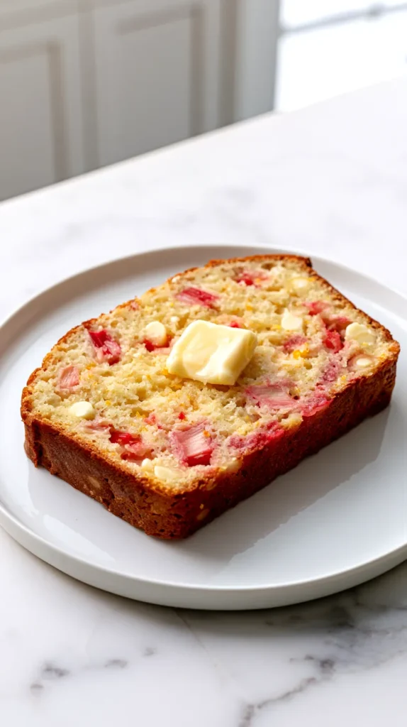 slight overhead angle, Hyper-realistic single thin slice, laying flat on the plate, of chocolate rhubarb orange bread on a white plate, small pat of slightly melting butter on top, pale golden quick bread crumb, golden-brown crust, white marble kitchen counter, bright white kitchen background, soft natural window light, moist tender crumb with visible vivid pink rhubarb pieces and clearly visible white chocolate chips, fine orange zest flecks throughout, clean crisp editorial food photography, realistic textures, no cocoa powder, no dark chocolate, no brown chocolate batter, no text, no watermark
