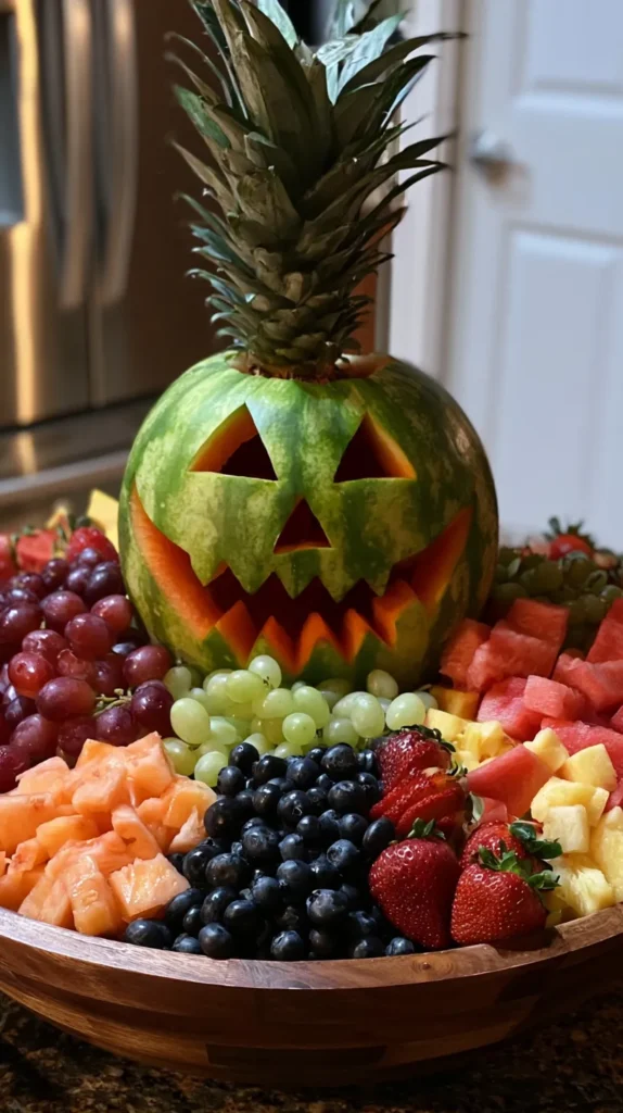 watermelon that is carved like a jack-o-lantern, fruit platter