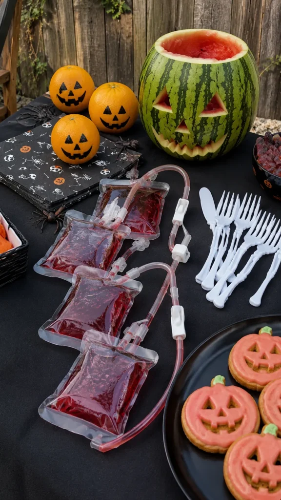 pumpkin cookies, red juice blood bags, carved watermelon, cuties with faces