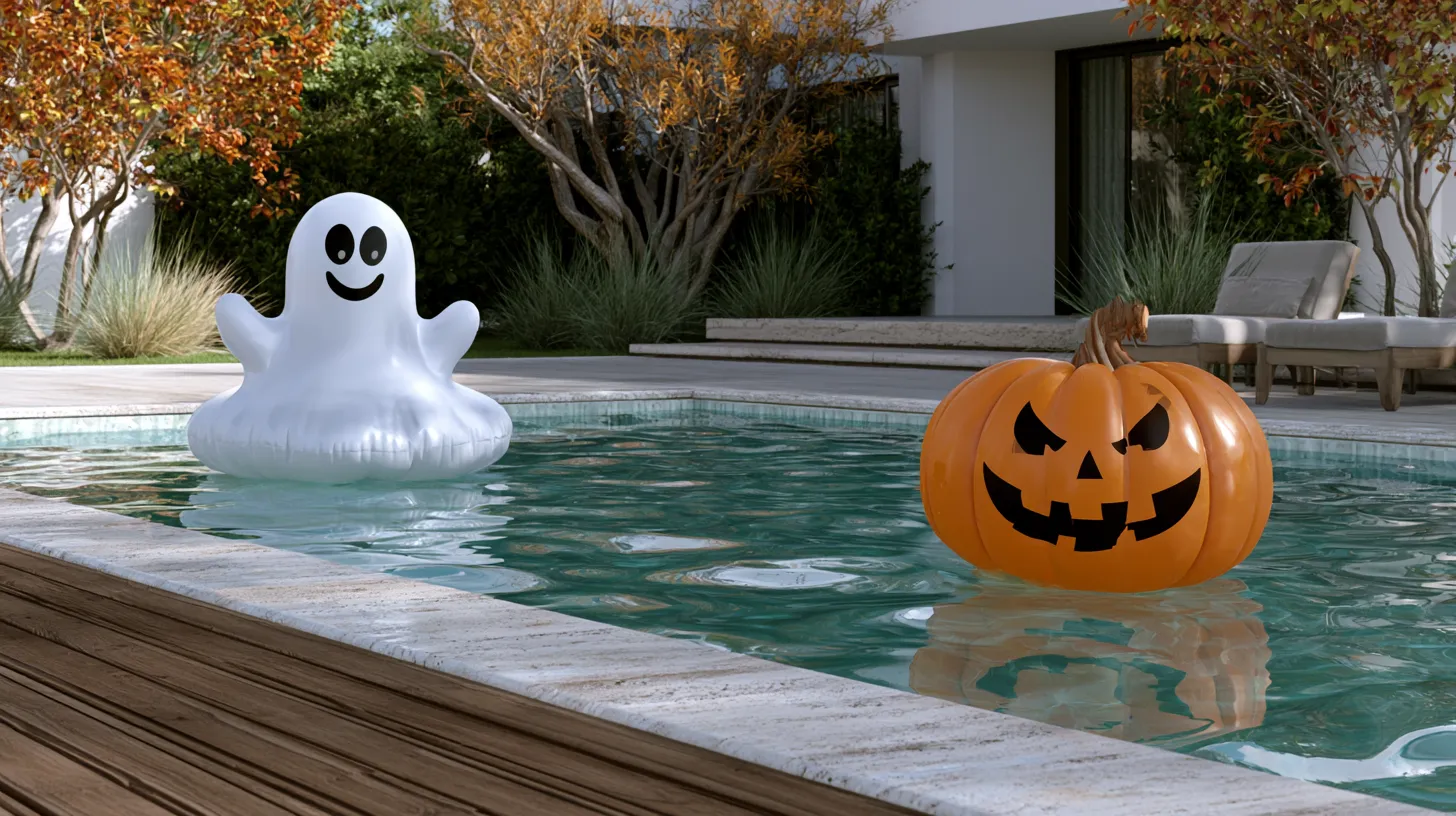 hyper-realistic image of an outdoor daytime Halloween pool party, ghost and jack-o-lantern pool floats, no words