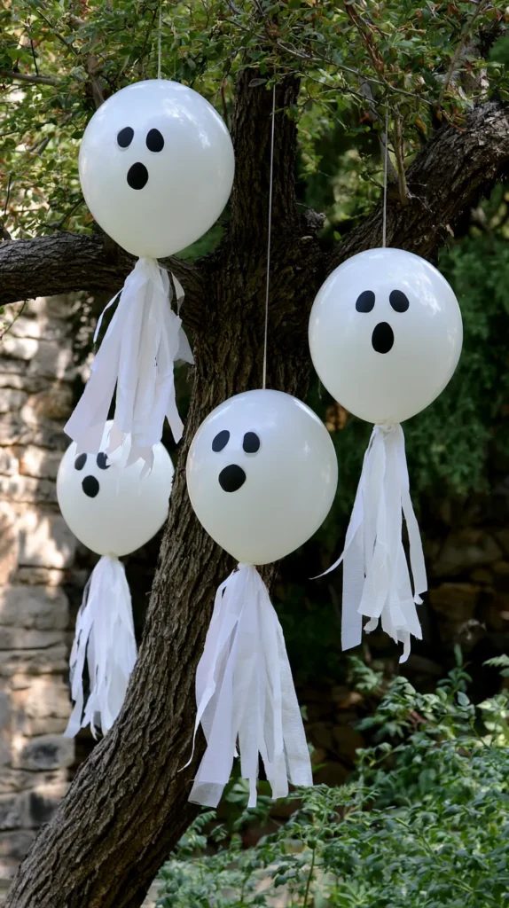 ghost face balloons hanging from a tree outdoors