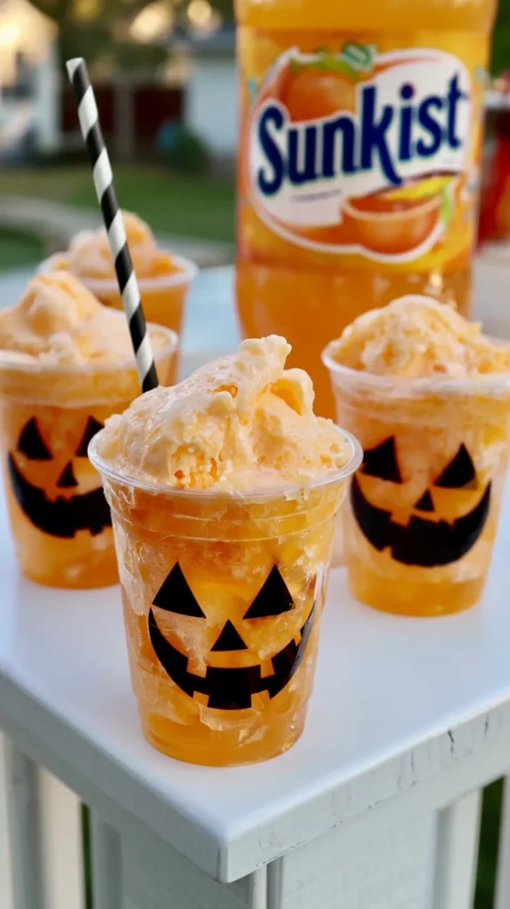 an eye level, detailed shot captures four halloween themed orange soda and ice cream floats on a white counter. each clear plastic cup is adorned with a distinct black jack o' lantern face cutout. a large bottle of "sunkist" orange soda provides a background element, with the brand name visible. a black and white striped straw is inserted into the front left cup; outdoor lighting, party table