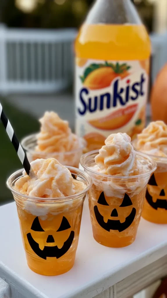 an eye level, detailed shot captures four halloween themed orange soda and ice cream floats on a white counter. each clear plastic cup is adorned with a distinct black jack o' lantern face. a large bottle of "sunkist" orange soda provides a background element, with the brand name visible. a black and white striped straw is inserted into the front left cup; outdoor lighting, party table