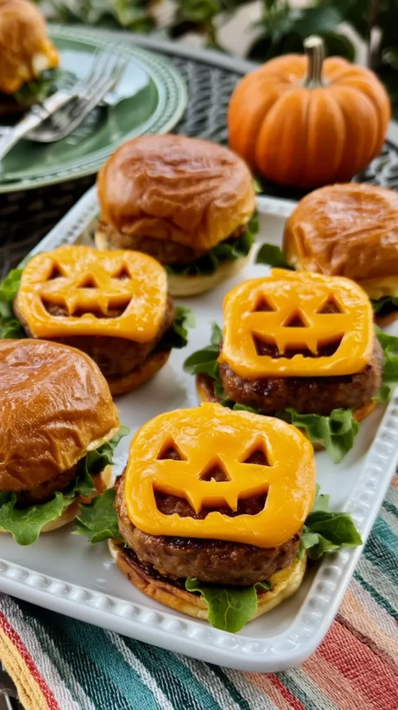 jack-o-lantern face cheese slices, burgers