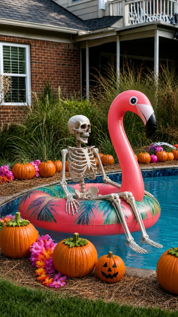 skeleton on a flamingo float in a pool