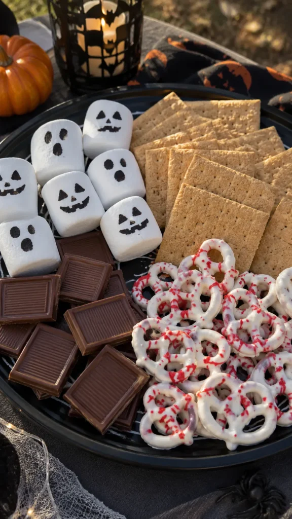 summerween snack table, smores, ghost marshmallows, white pretzels with red icing splatter