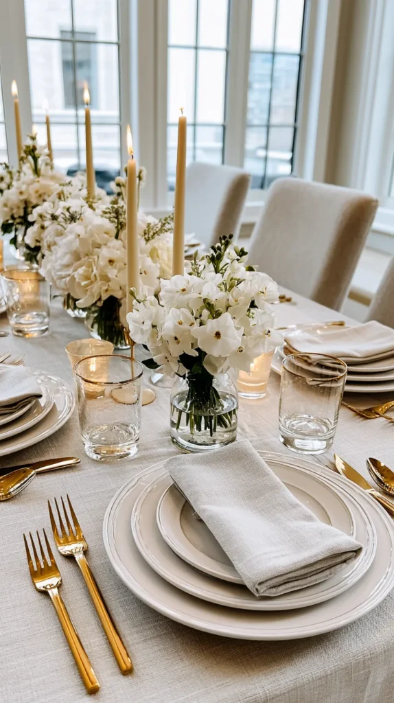 beautifully styled dining table with elegant table decorations, layered white plates, soft linen napkins, gold flatware, low floral centerpieces in glass bud vases, taper candles, natural light, bright airy dining room, warm inviting mood, realistic textures, tasteful and polished, no people, no text, no watermark