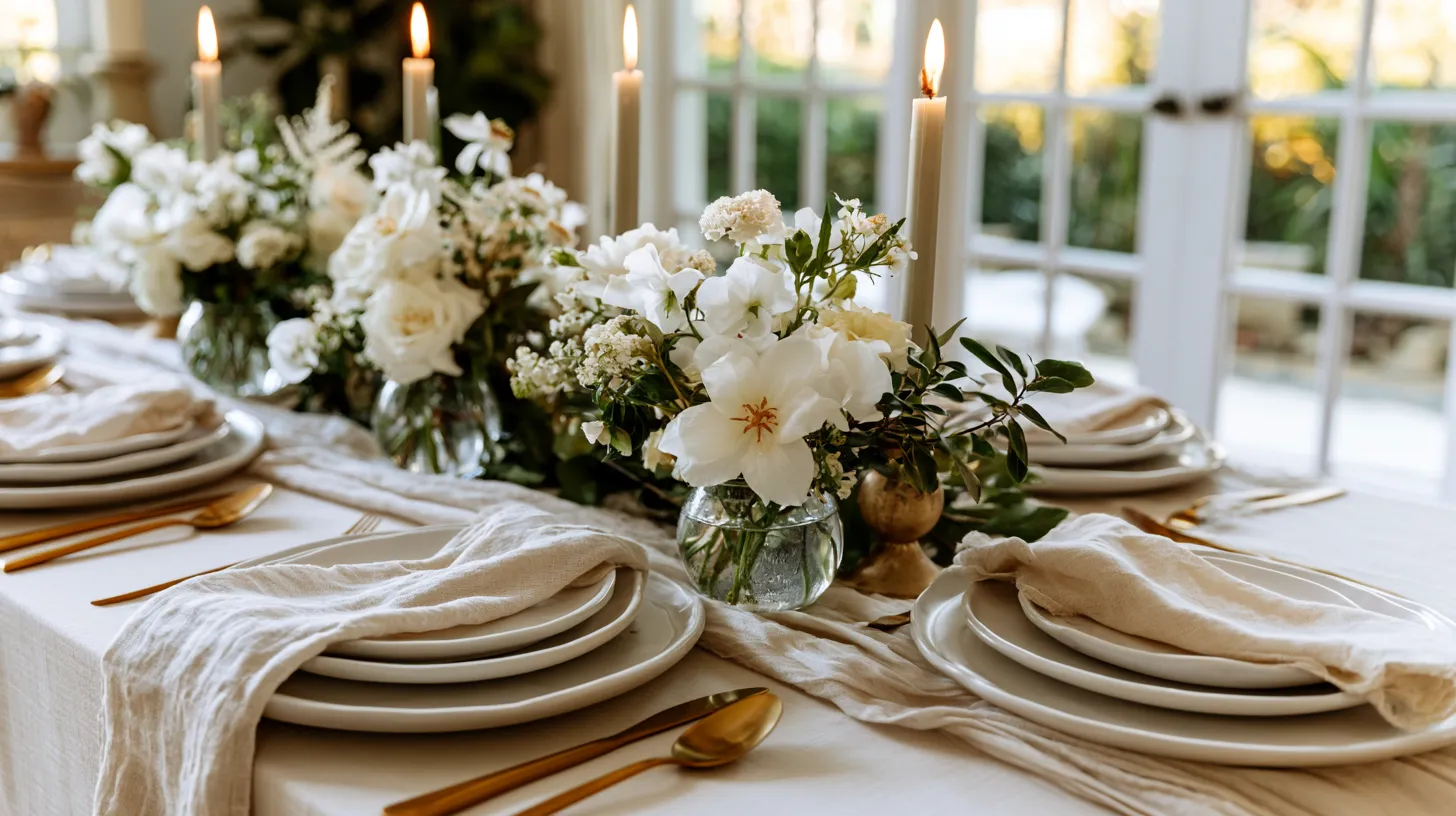beautifully styled dining table with elegant table decorations, layered white plates, soft linen napkins, gold flatware, low floral centerpieces in glass bud vases, taper candles, natural light, bright airy dining room, warm inviting mood, realistic textures, tasteful and polished, no people, no text, no watermark