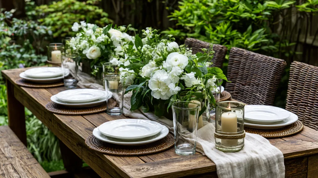long table, garden setting, white flowers going down the center