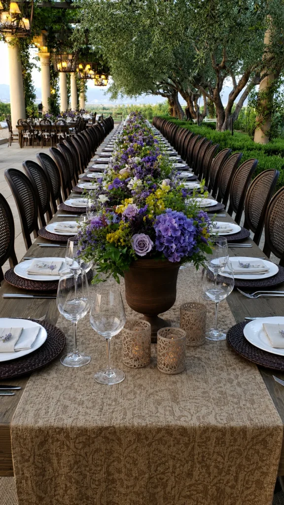 outdoor long dining table with gorgeous table centerpiece