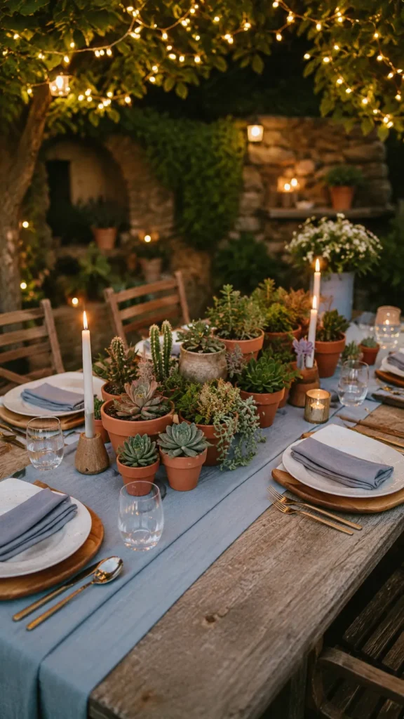 succulents in terracotta plants on a wooden table