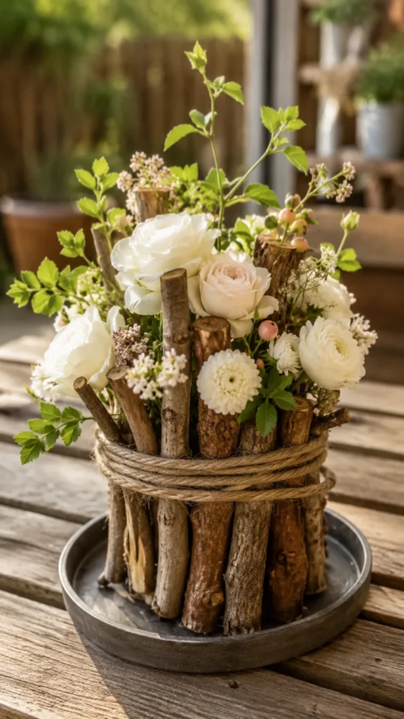 wooden sticks and twigs vase, flowers, wrapped in twine