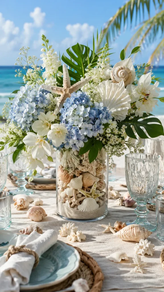 beach centerpiece with flowers and shells