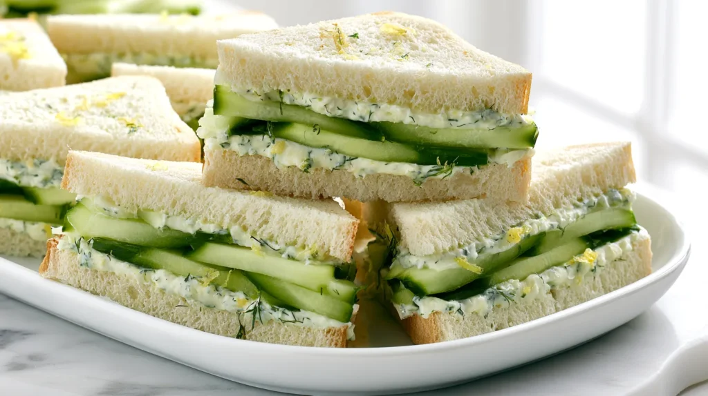 hyper-realistic close-up food photography of cucumber dill tea sandwiches, soft white sandwich bread with crusts removed, cut into long neat finger sandwiches, filled with a smooth creamy herb spread and thin peeled English cucumber slices layered evenly, fresh dill flecks and a light touch of lemon zest visible, clean sharp edges, arranged neatly on a white ceramic platter, white marble kitchen counter, bright white kitchen background, soft natural window light, elegant afternoon tea styling, realistic textures, no people, no hands, no text, no watermark