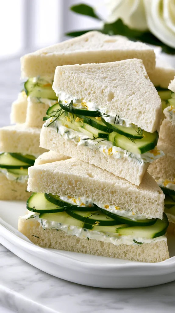 hyper-realistic close-up food photography of cucumber dill tea sandwiches, soft white sandwich bread with crusts removed, cut into triangle finger sandwiches, filled with a smooth creamy herb spread and thin peeled English cucumber slices layered evenly, fresh dill flecks and a light touch of lemon zest visible, clean sharp edges, arranged neatly on a white ceramic platter, white marble kitchen counter, bright white kitchen background, soft natural window light, elegant afternoon tea styling, realistic textures, no people, no hands, no text, no watermark