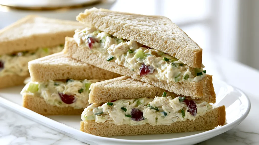hyper-realistic editorial food photography of chicken salad tea sandwiches, soft wheat sandwich bread with crusts removed, cut into clean small triangles, filled with creamy finely chopped chicken salad with small pieces of red grapes, finely diced celery, and chopped chives visible in the filling, neat tidy edges, arranged on a white serving plate, white marble kitchen counter, bright white kitchen background, soft natural window light, polished tea party styling, realistic textures, no people, no hands, no text, no watermark