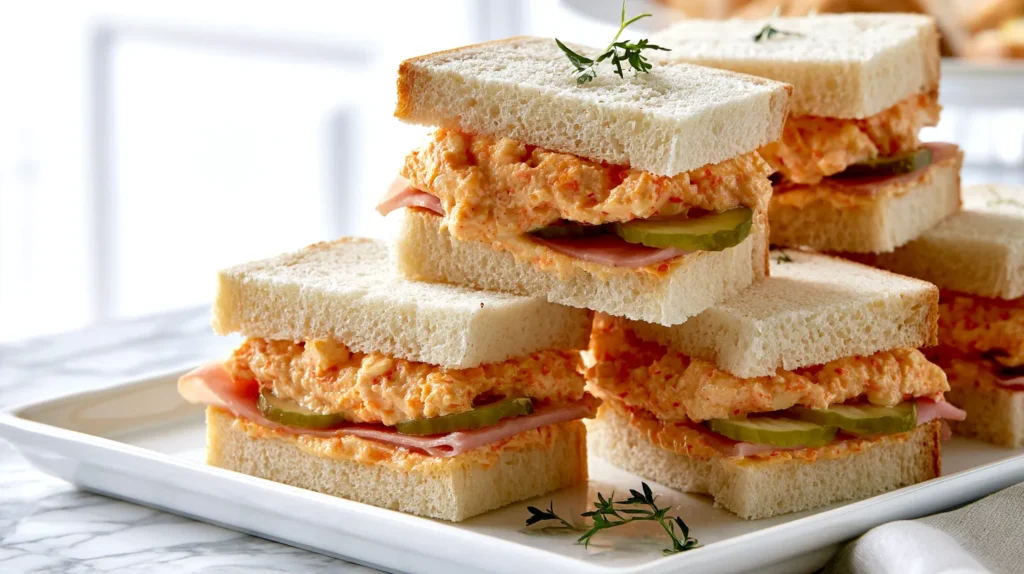 hyper-realistic close-up food photography of pimento cheese ham and pickle tea sandwiches, soft white sandwich bread with crusts removed, cut into neat small squares, layered with creamy pimento cheese spread, a thin slice of ham, and finely sliced bread-and-butter pickles visible at the edge, clean sharp cuts, arranged on a white platter with a small herb garnish, white marble kitchen counter, bright white kitchen background, soft natural light, refined tea party styling, realistic textures, no people, no hands, no text, no watermark